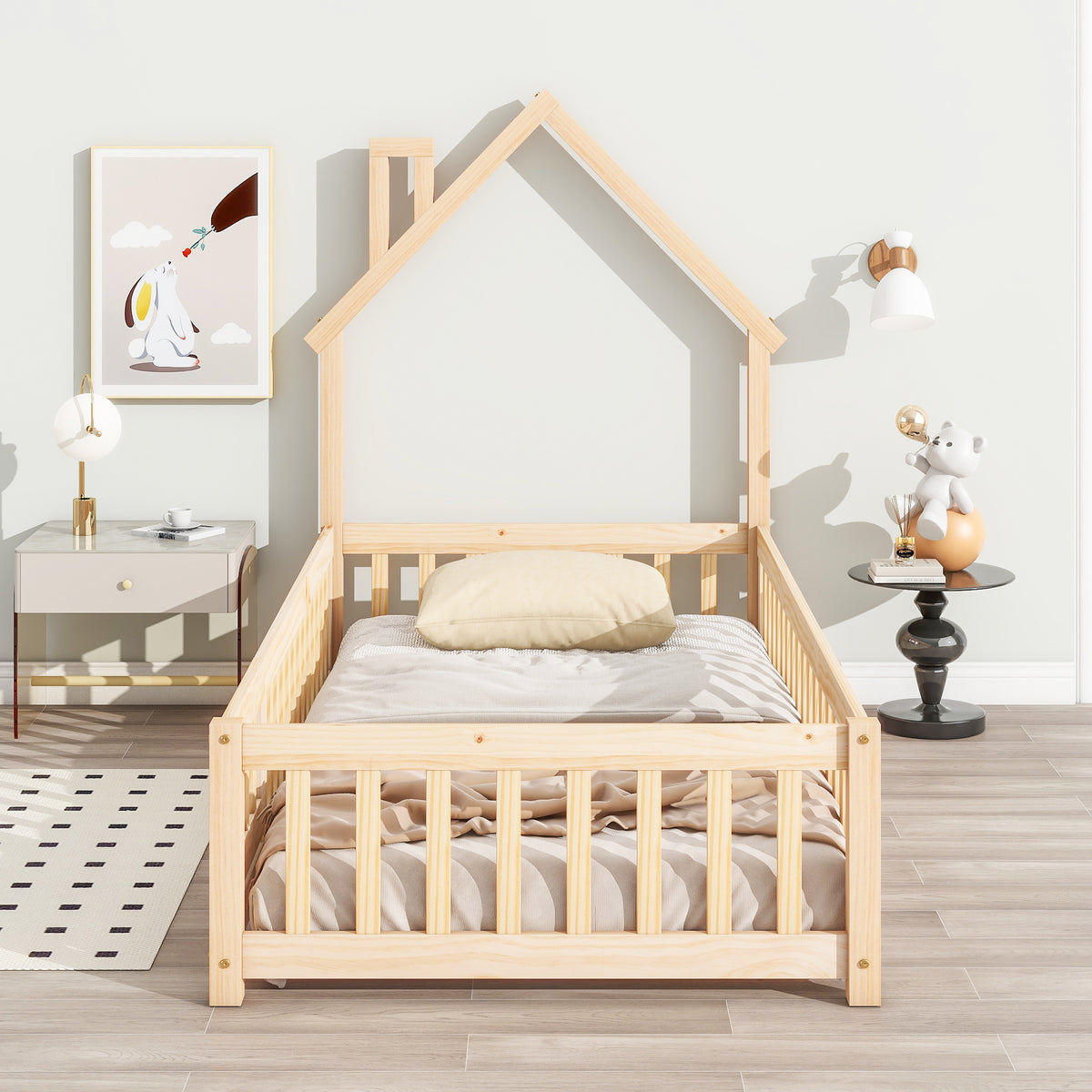Metal House Floor Bed with Fence – Natural