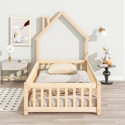 Metal House Floor Bed with Fence – Natural