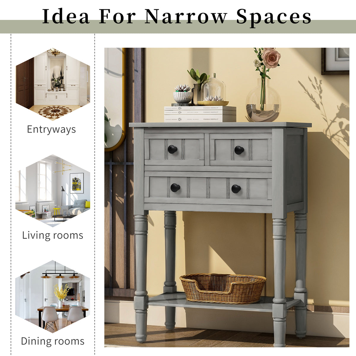 Narrow Console Desk – Grey Washed Finish