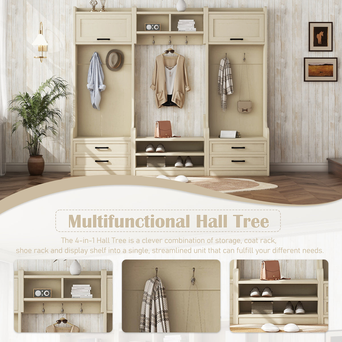 Hall Tree Cabinet Beige
