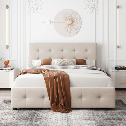 Upholstered Platform Bed Queen Beige