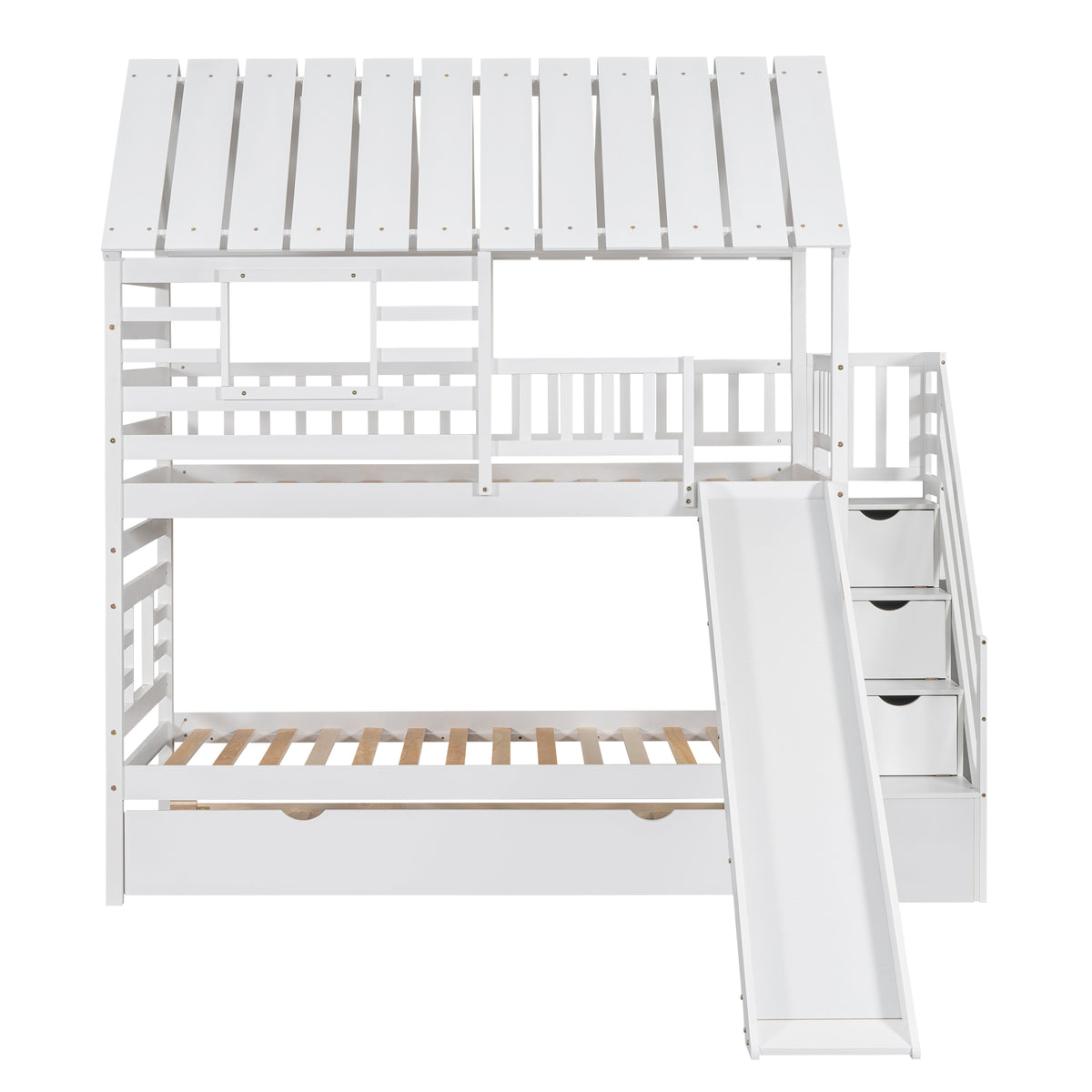 Twin Over Twin Bunk Bed with Roof Staircase White
