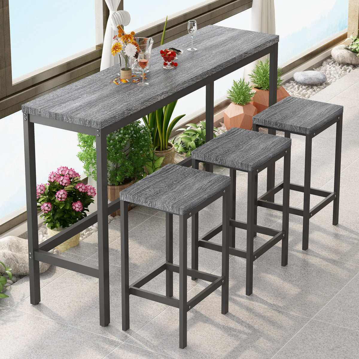 Modern Pub Table with 3 Stools Gray Finish