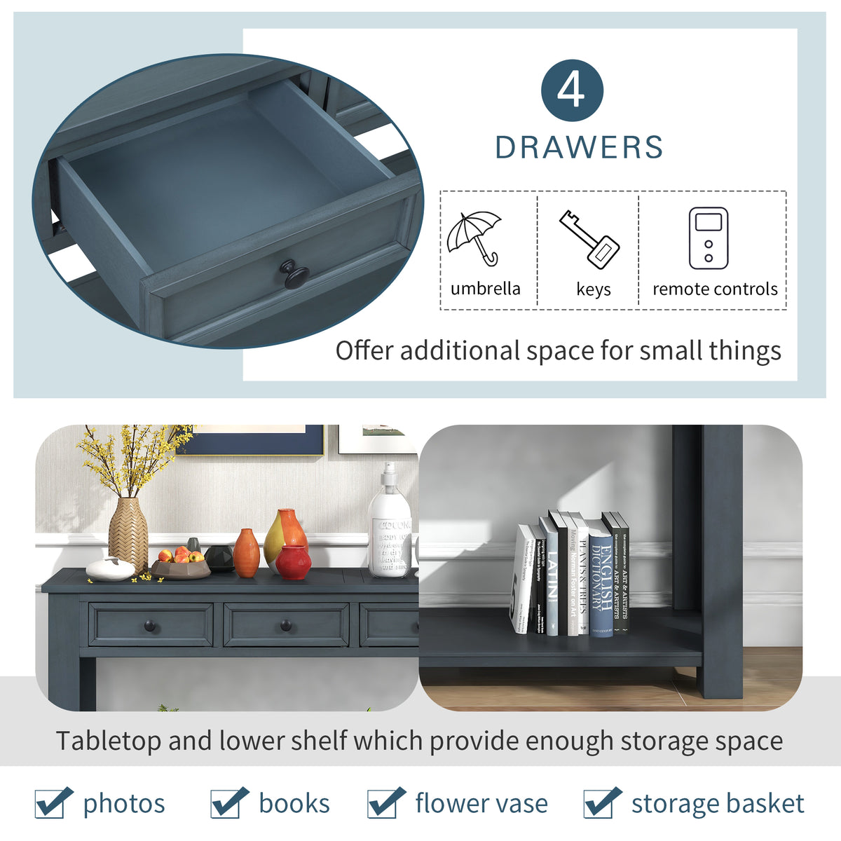 Console Table with Storage Drawers Navy