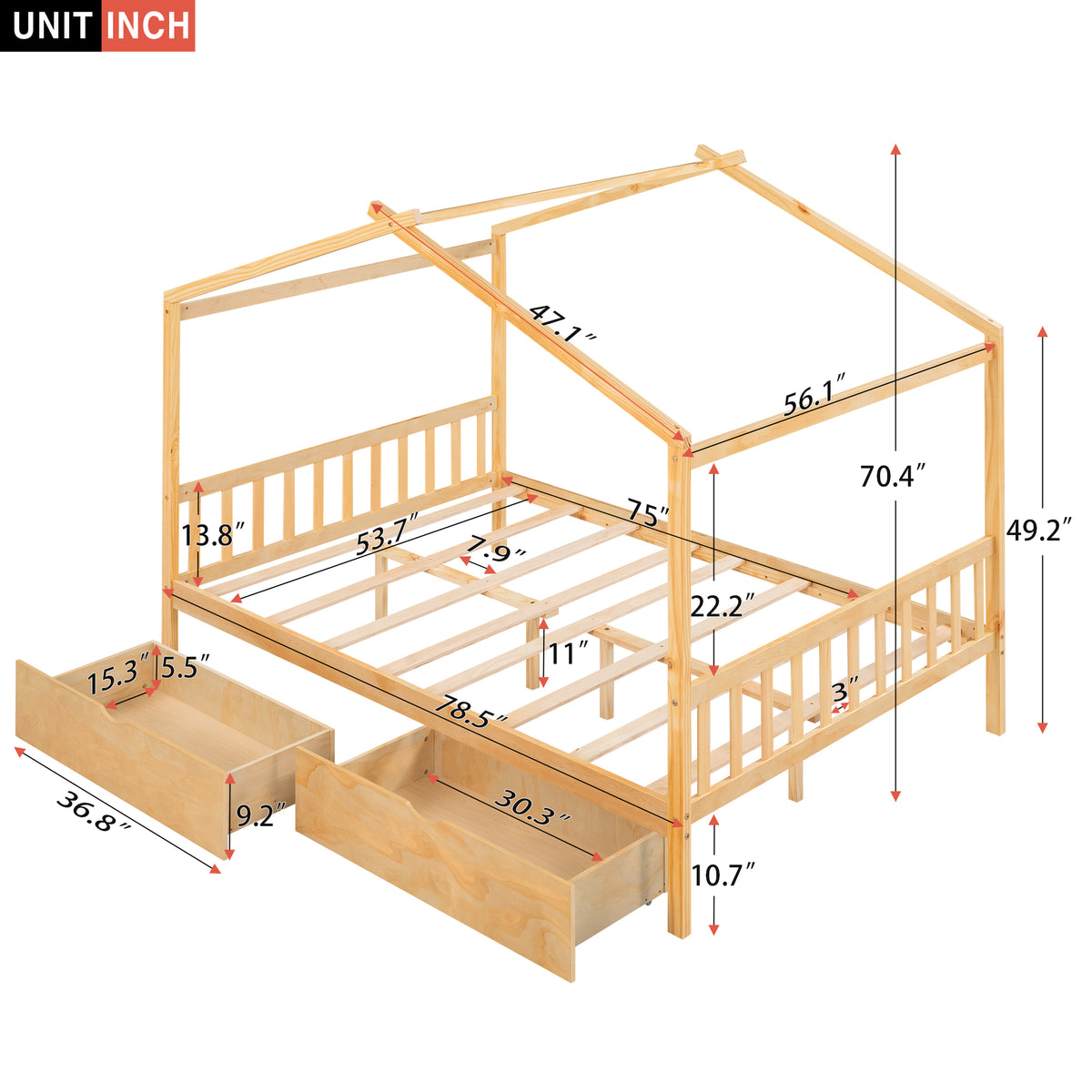 Full Platform Bed with Headboard – Natural Finish