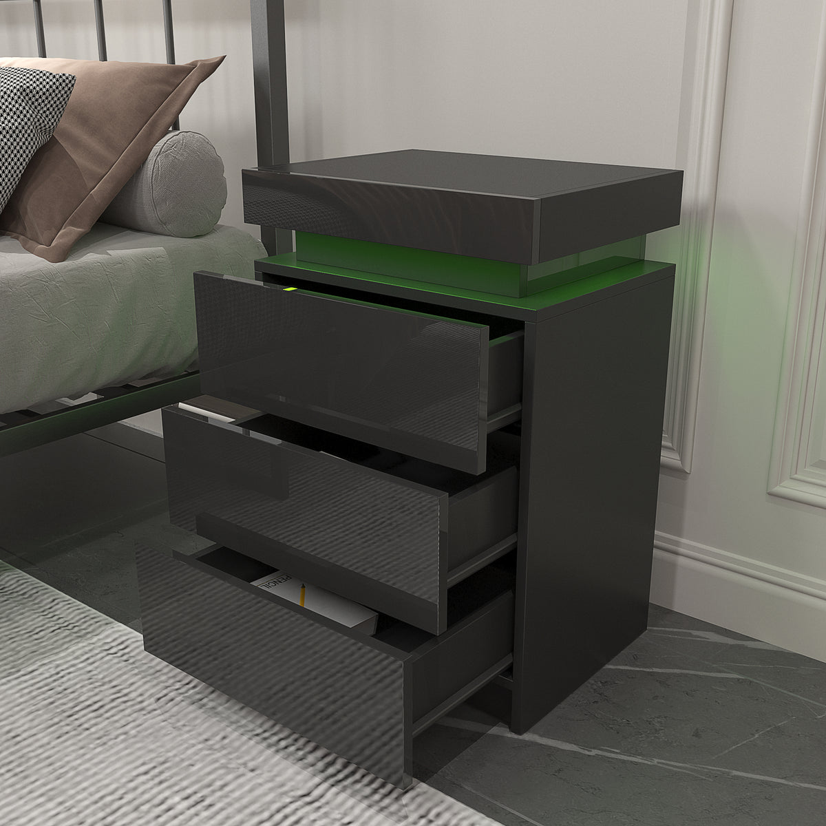 Noir 3-Drawer LED Bedside Table