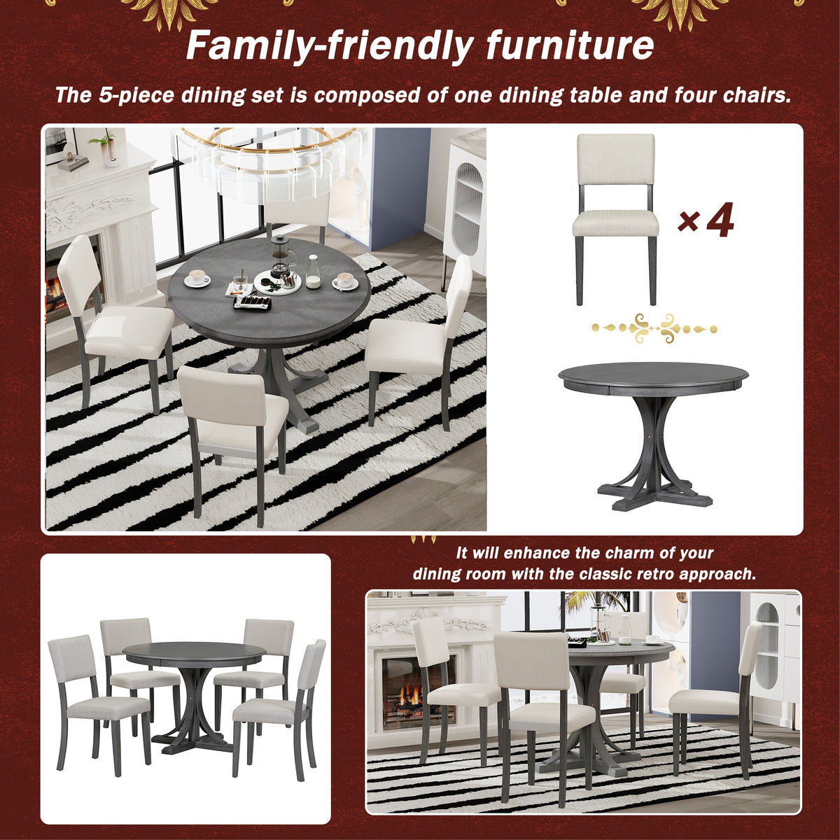 Dark Gray 5-Piece Round Dining Set – Solid Wood Table with Upholstered Chairs