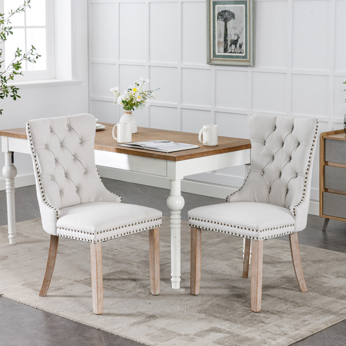 Nikki Tufted Linen Dining Chair Set (2 pcs) – Beige and Gray