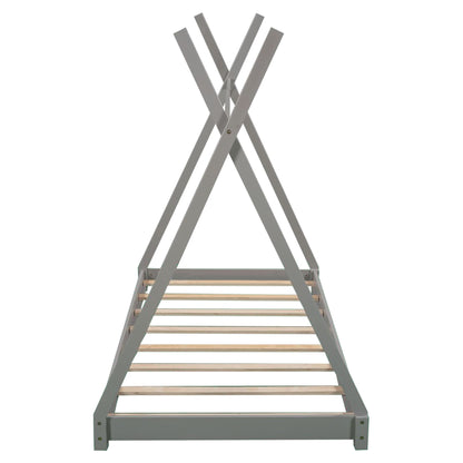 Twin Size Gray House Platform Bed with Triangle Roof