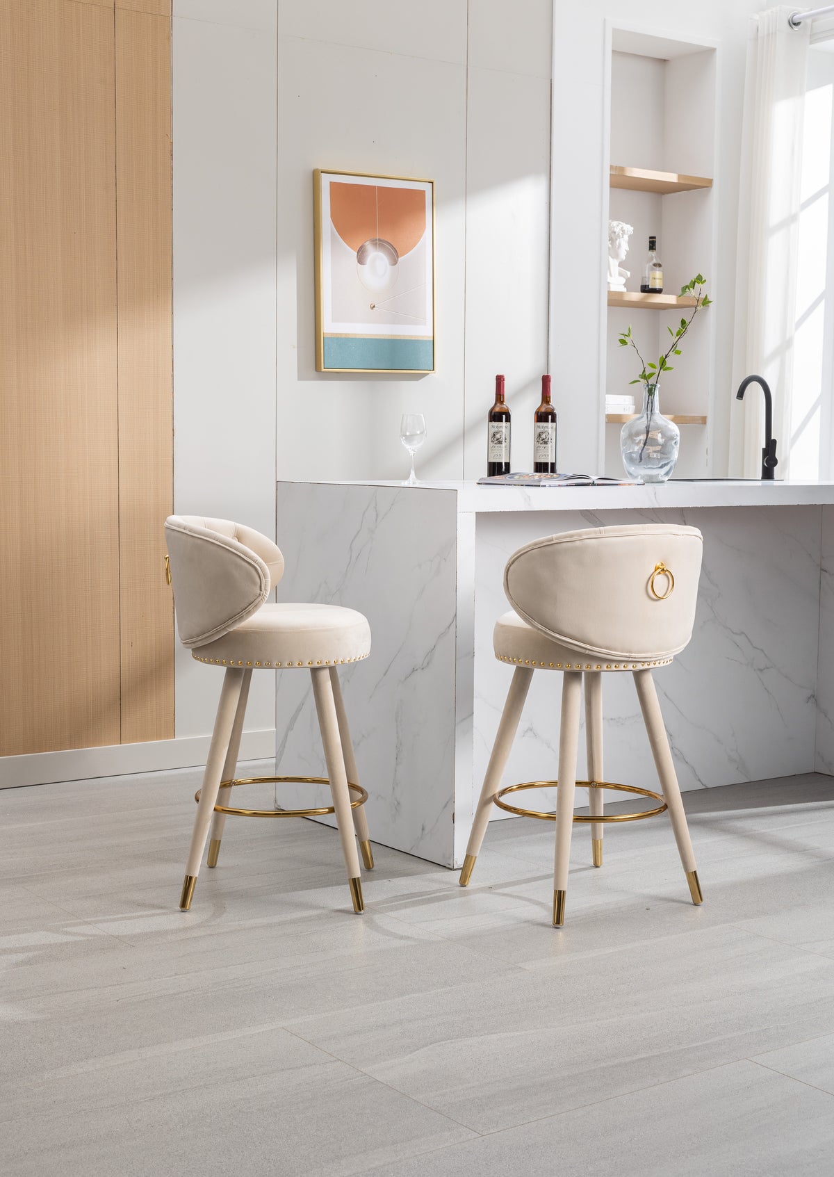 Coolmore Velvet Bar Stools (2 pcs) – Beige