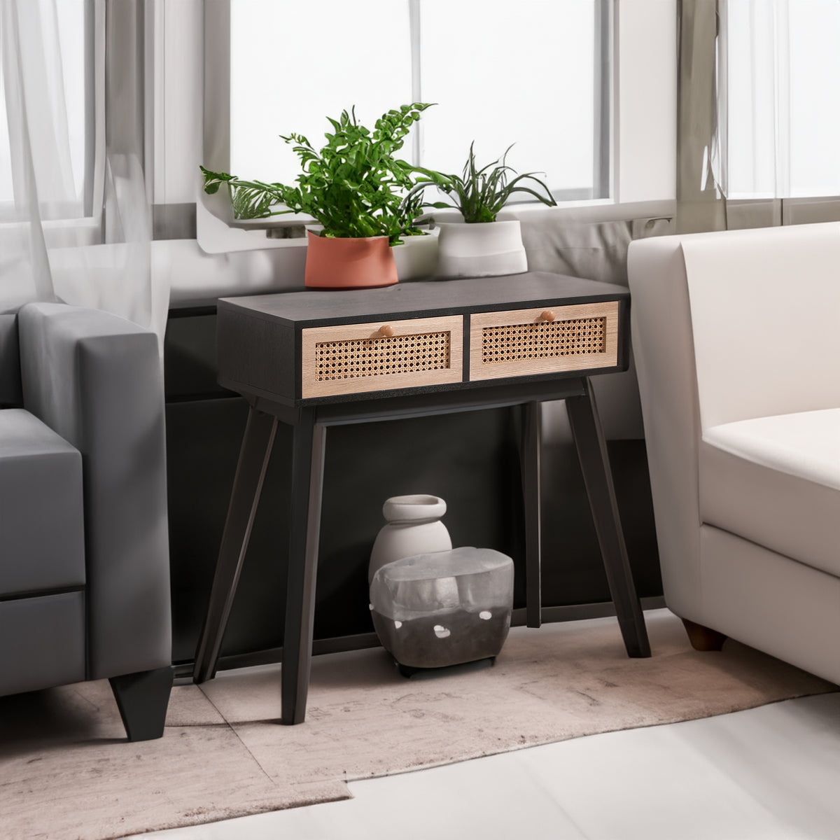 Rattan Side Table with Solid Wood Legs