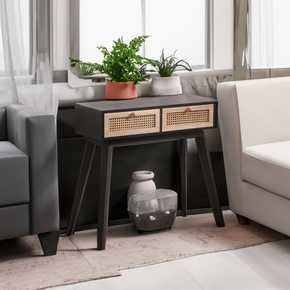 Rattan Side Table with Solid Wood Legs