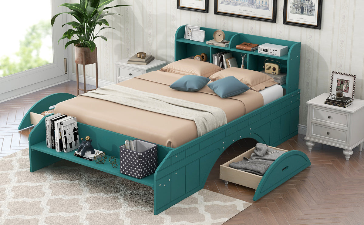 Full Platform Bed with Headboard Dark Green