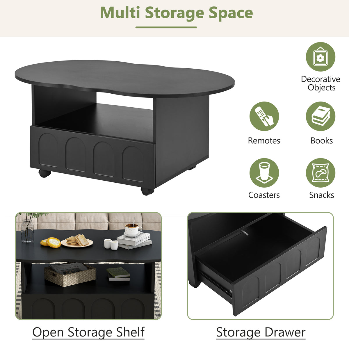 Cream Coffee Table with Storage Drawers – Black