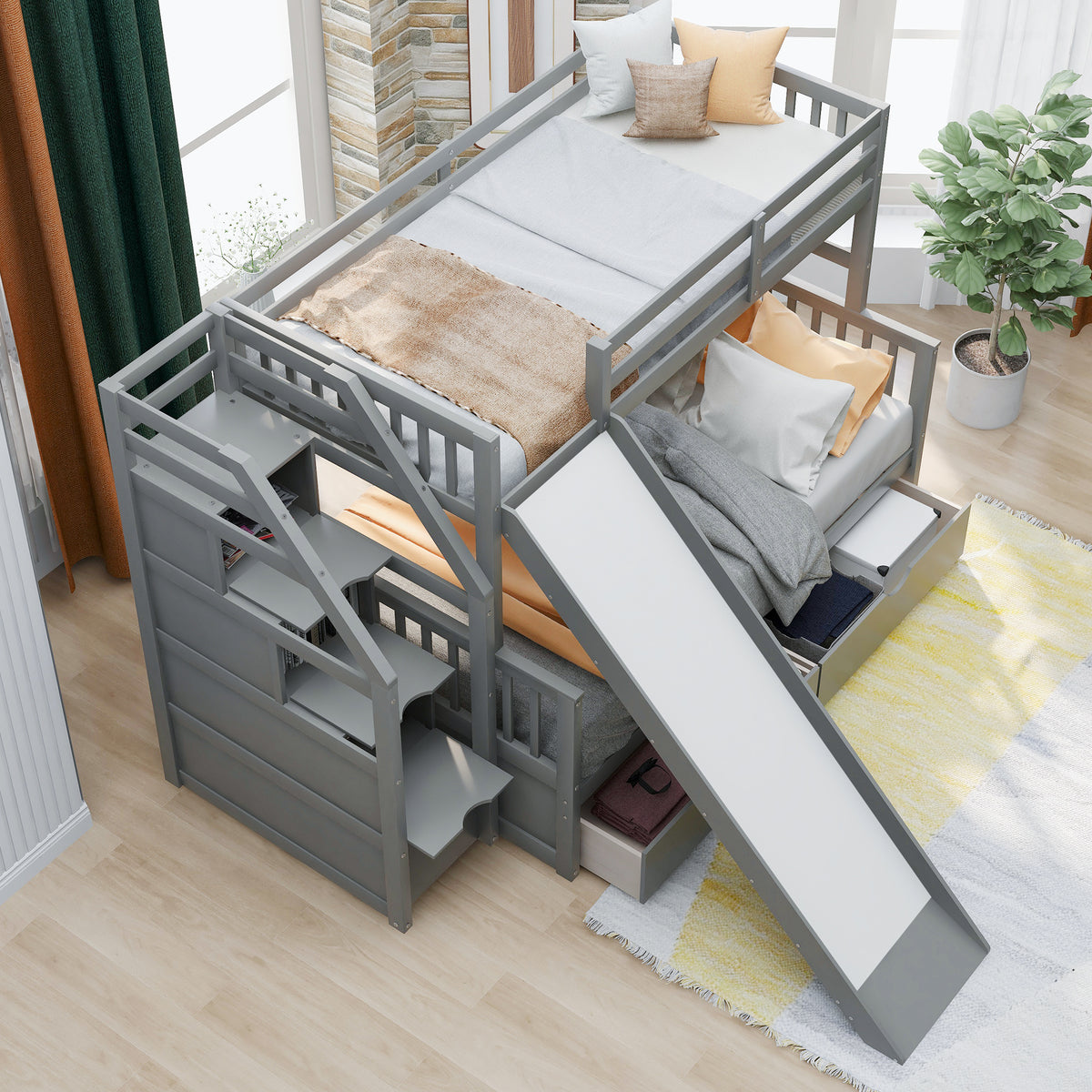 Full Bunk Bed with Drawers Gray