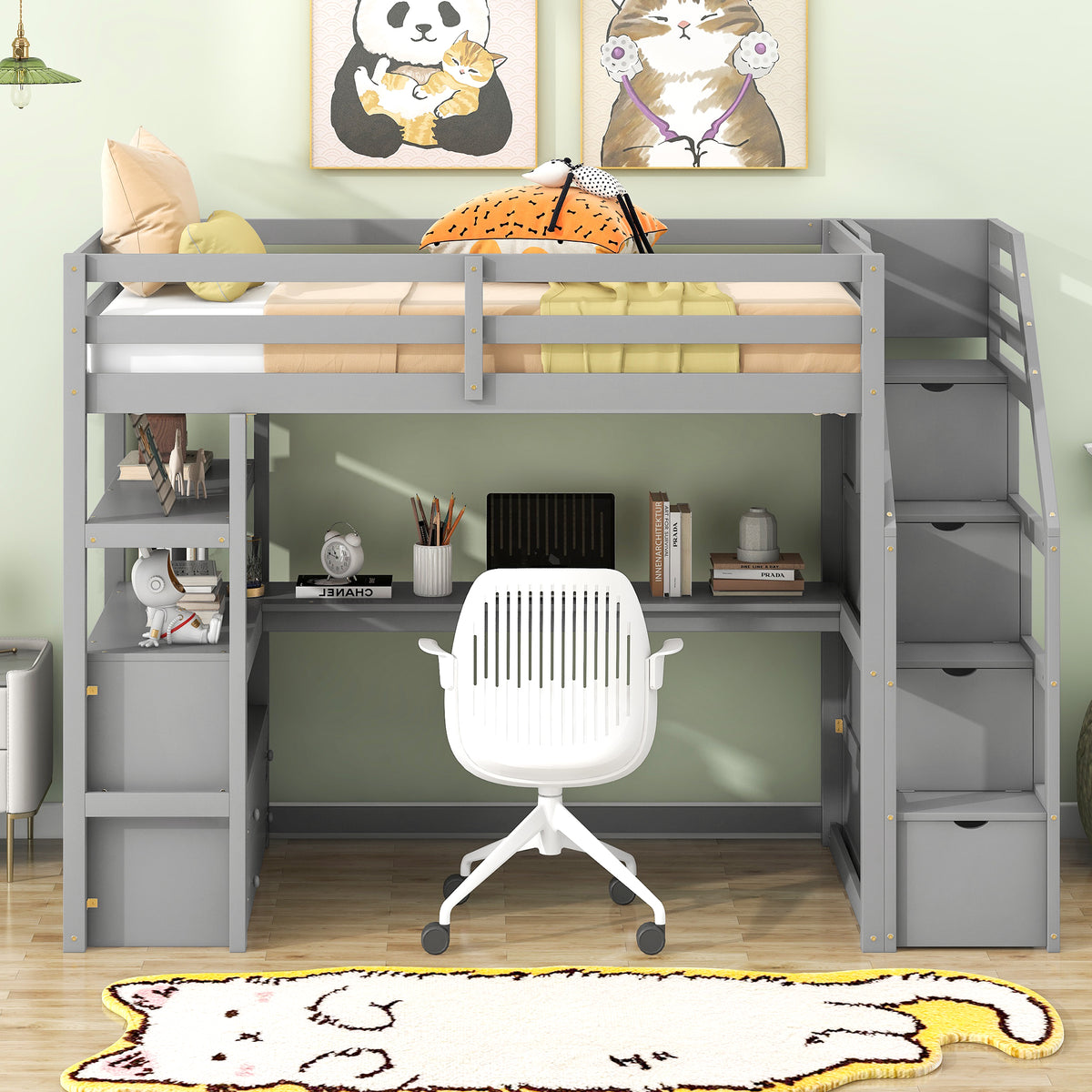 Twin Loft Bed with Storage Gray