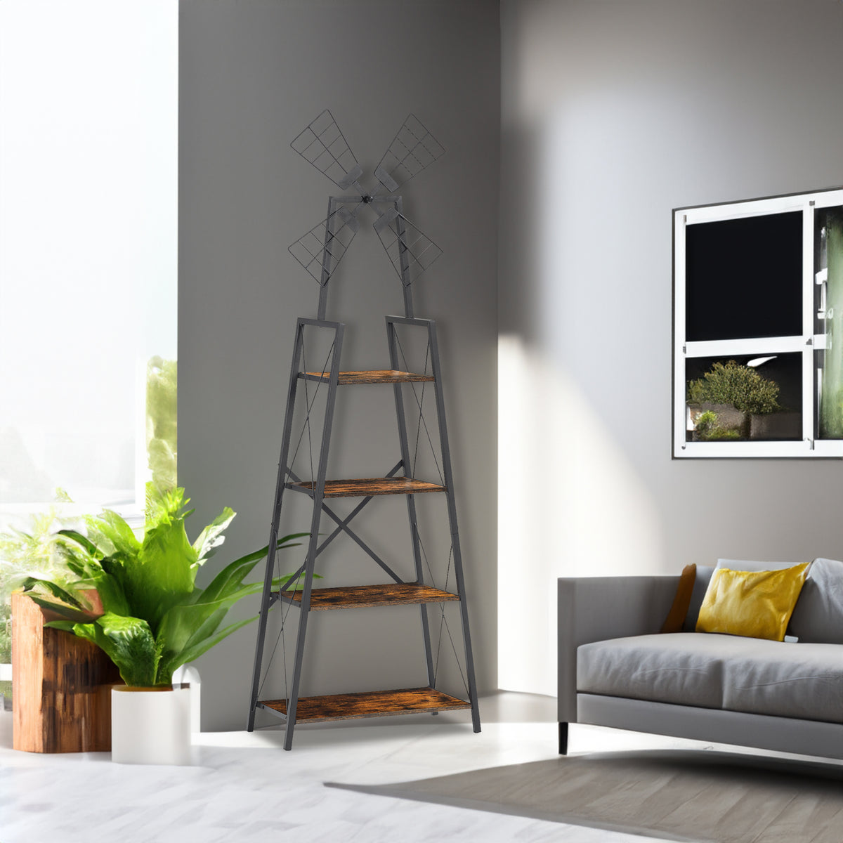 Narrow 4-Tier Display Shelf – Rustic Brown