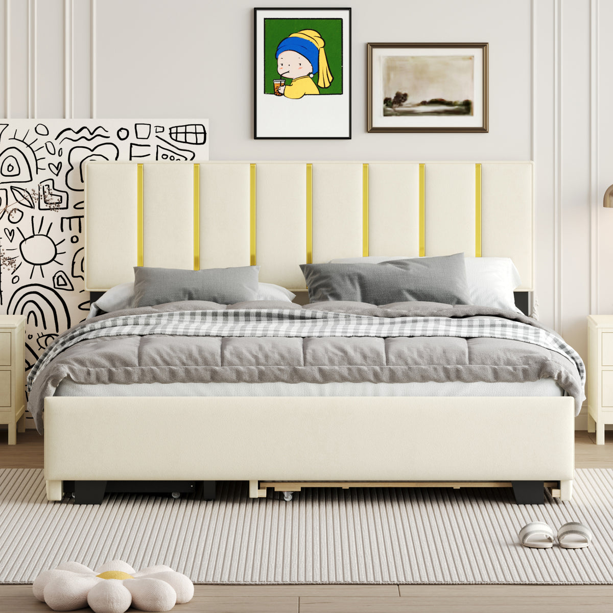 Queen Upholstered Bed Beige