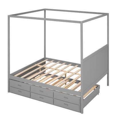 Queen Canopy Platform Bed with Drawers Gray