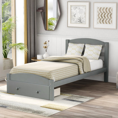 Grey Twin Platform Bed with Storage Drawer