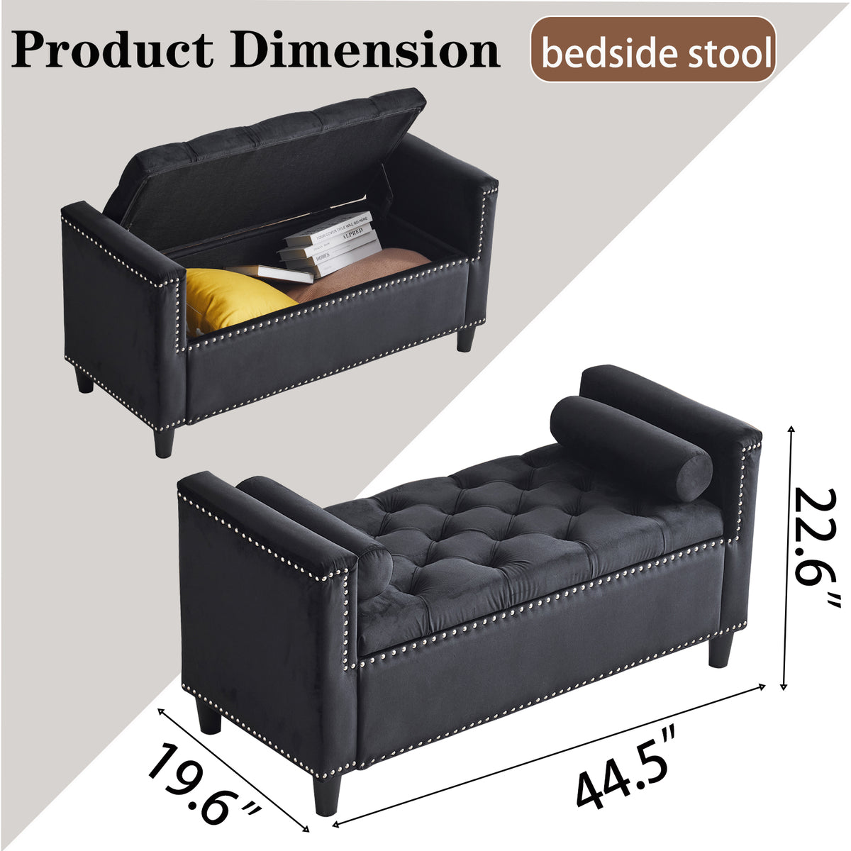 44-Inch Velvet Storage Bench with Armrests Black
