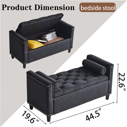 44-Inch Velvet Storage Bench with Armrests Black