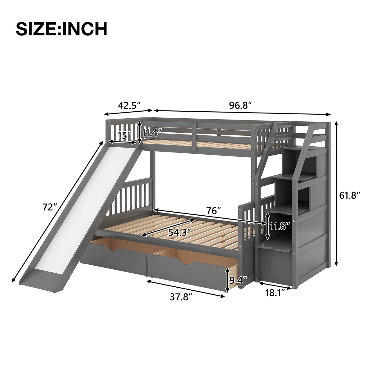 Full Bunk Bed with Drawers Gray