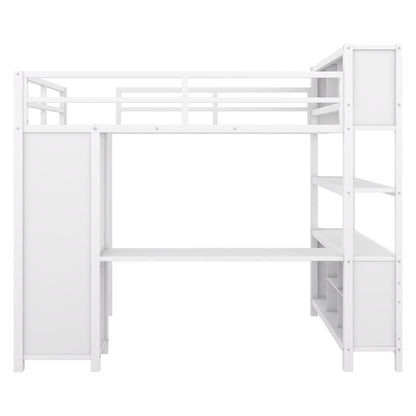 Full Loft Bed with Wardrobe and Shelf White