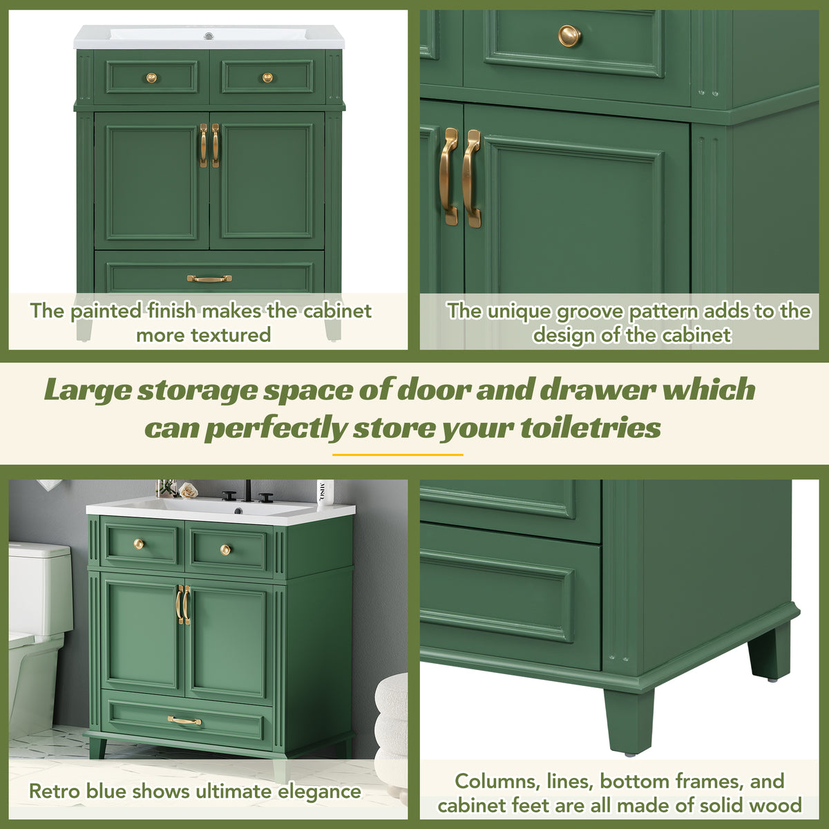 30-Inch Solid Wood Bathroom Vanity with Sink Green