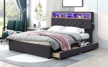Queen LED Upholstered Storage Bed – Dark Gray