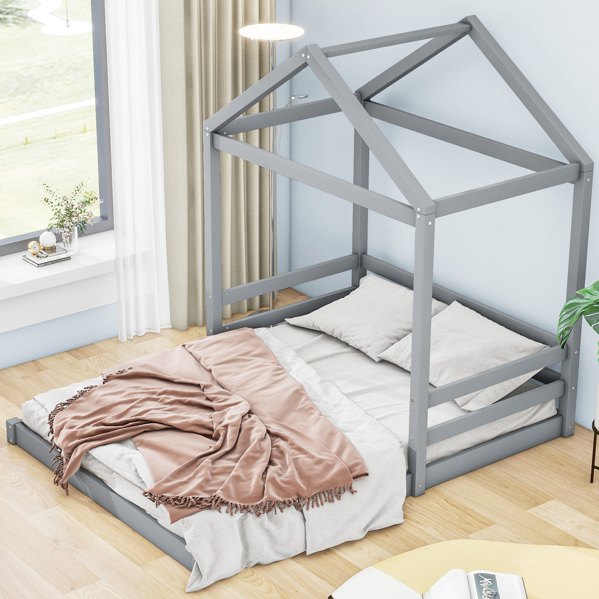 Full House Bed with Guardrail Gray