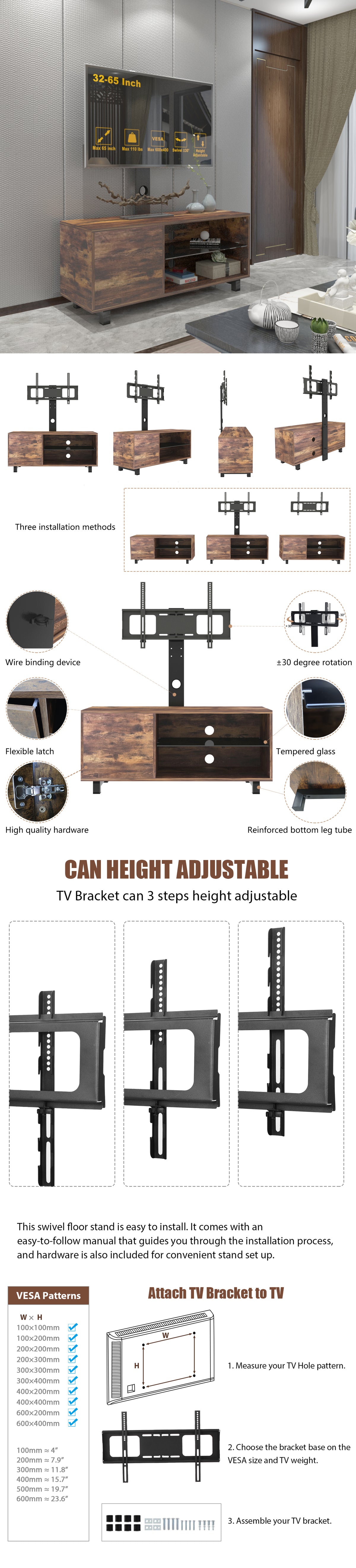 Rustic Brown TV Console – 65” Wood & Glass