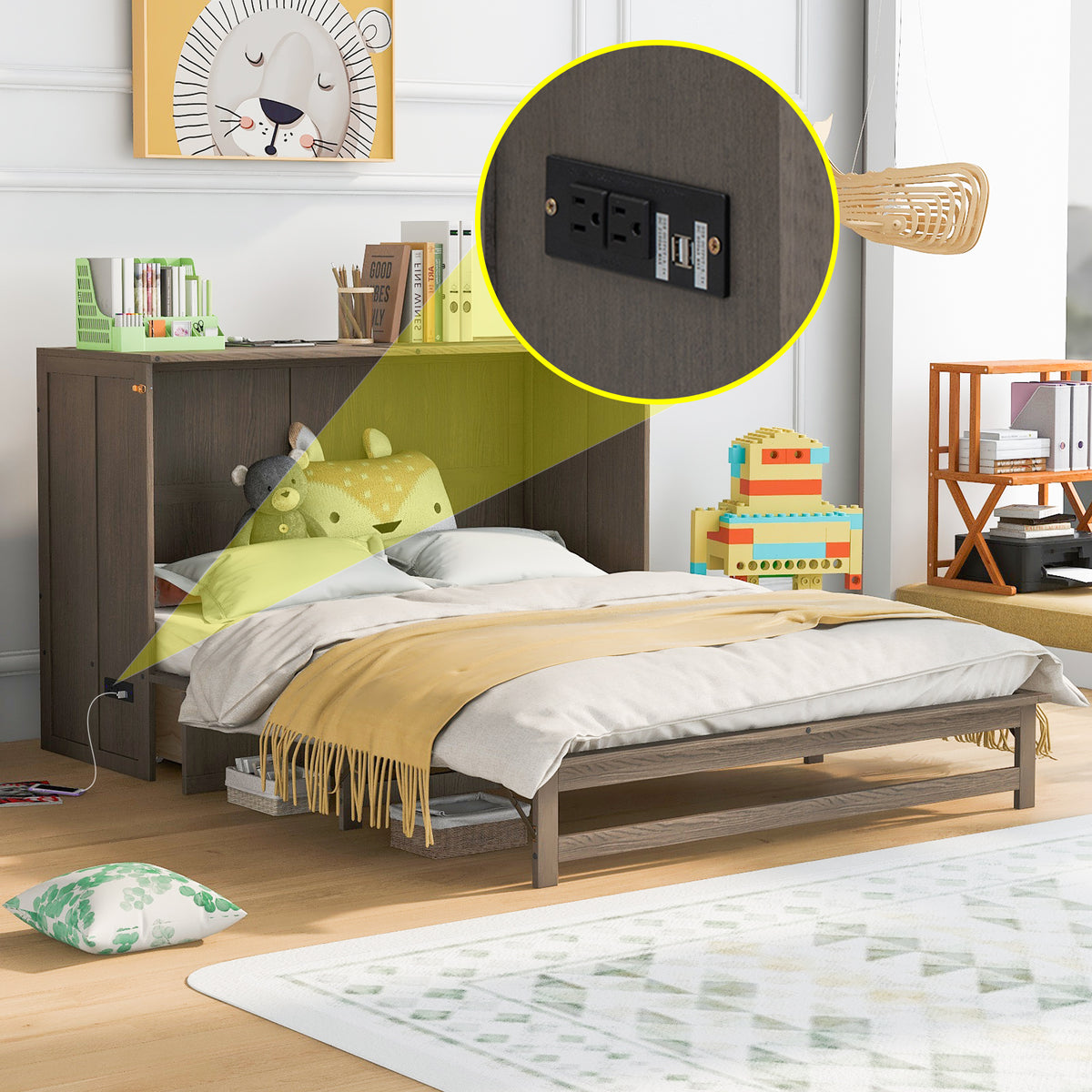 Queen Murphy Bed with Built-In Charging Station – Beige
