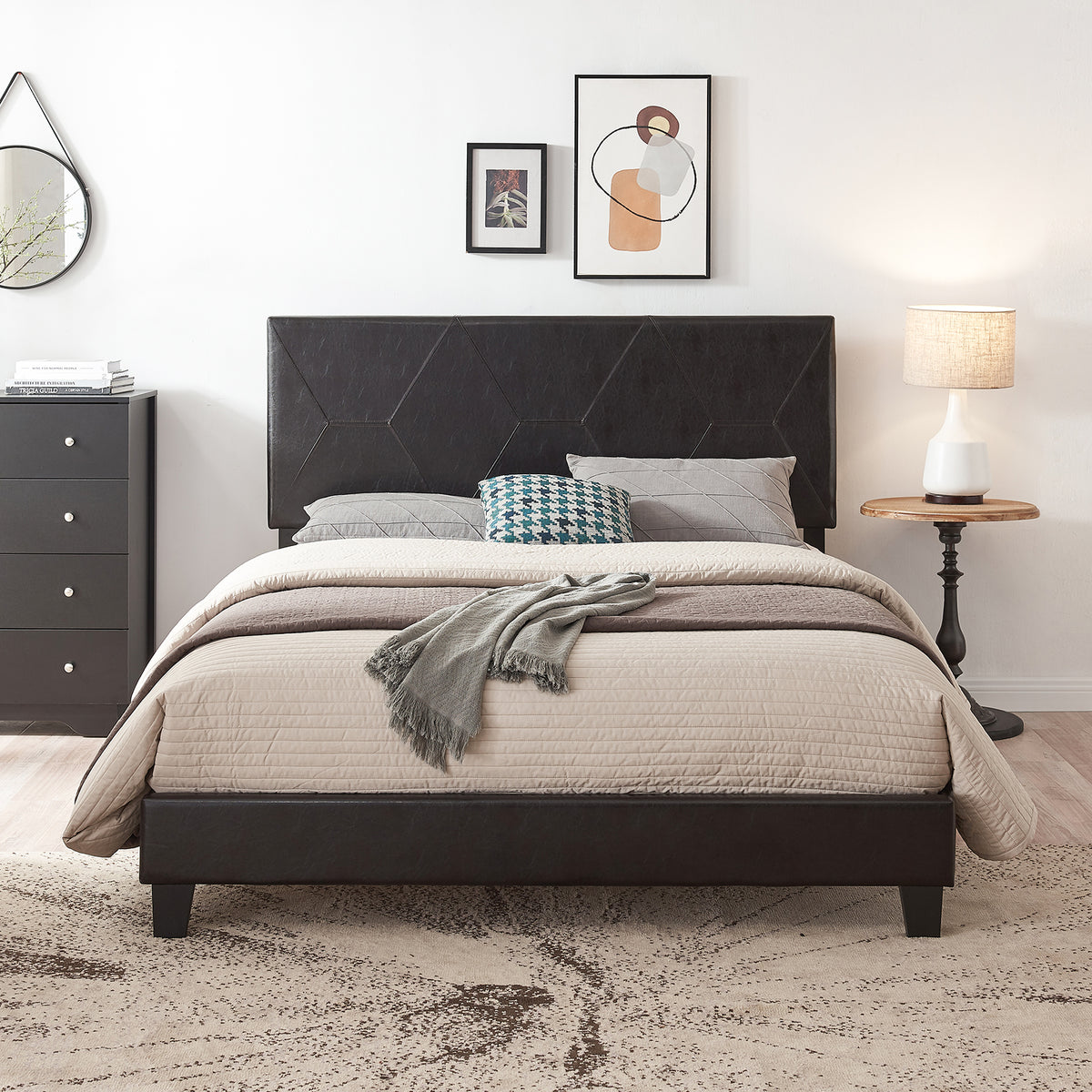 Queen Upholstered Platform Bed – Black Faux Leather