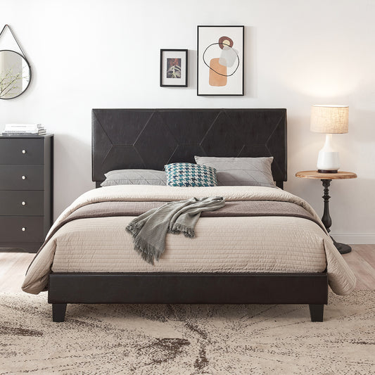 Queen Upholstered Platform Bed – Black Faux Leather
