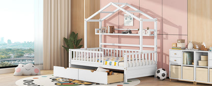 Twin House Bed with Storage Shelf White
