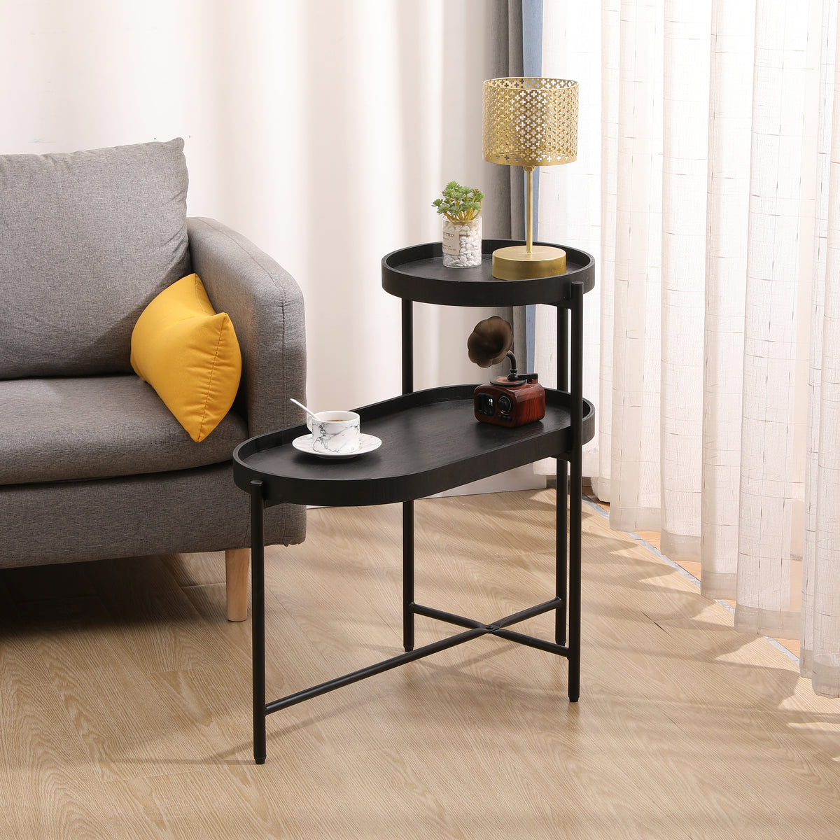 Black End Table with Storage and Metal Frame