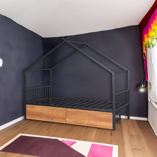 Twin Metal House Bed Black