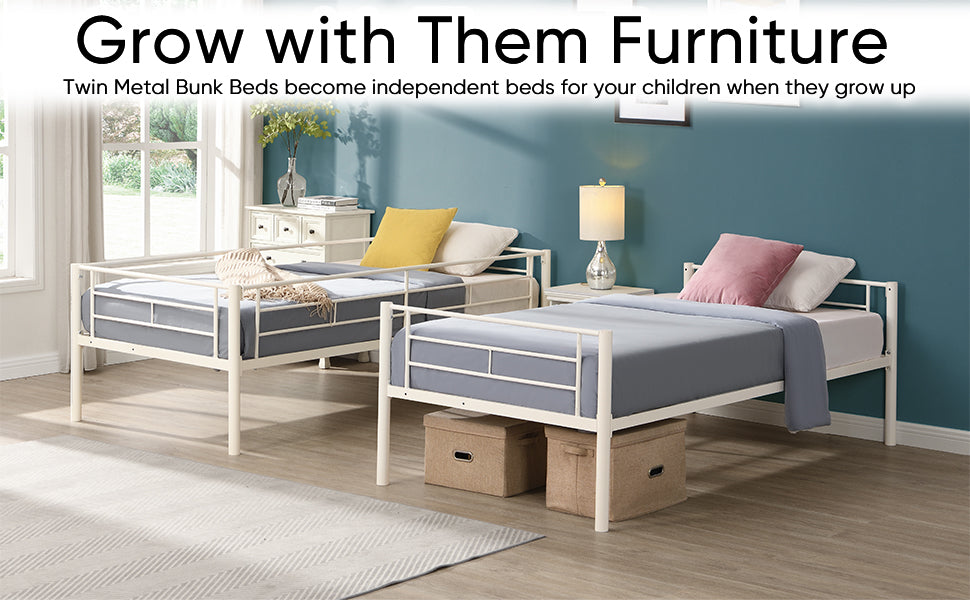 Twin Metal Bunk Bed with Safety Rail White