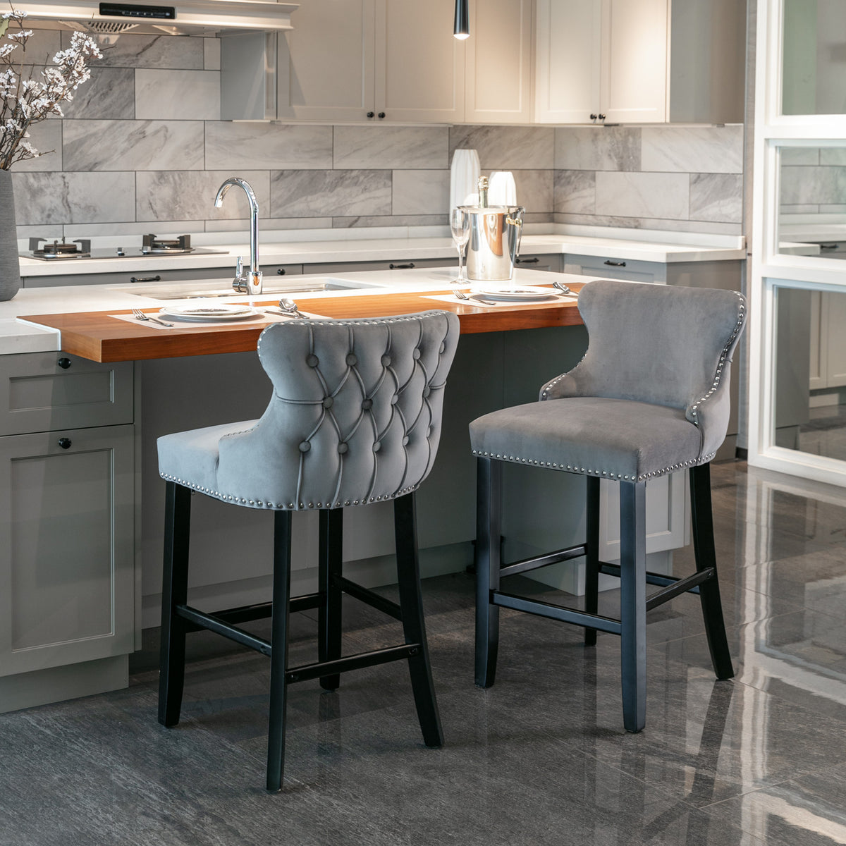Velvet Wingback Bar Stool Set (2 pcs) – Gray