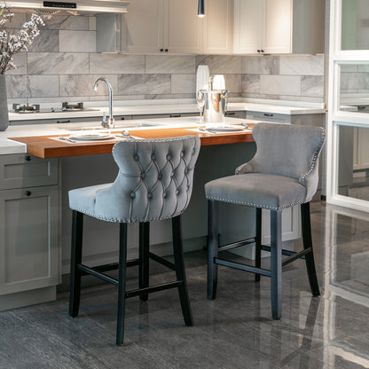 Velvet Wingback Bar Stool Set (2 pcs) – Gray