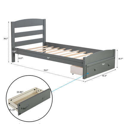 Grey Twin Platform Bed with Storage Drawer