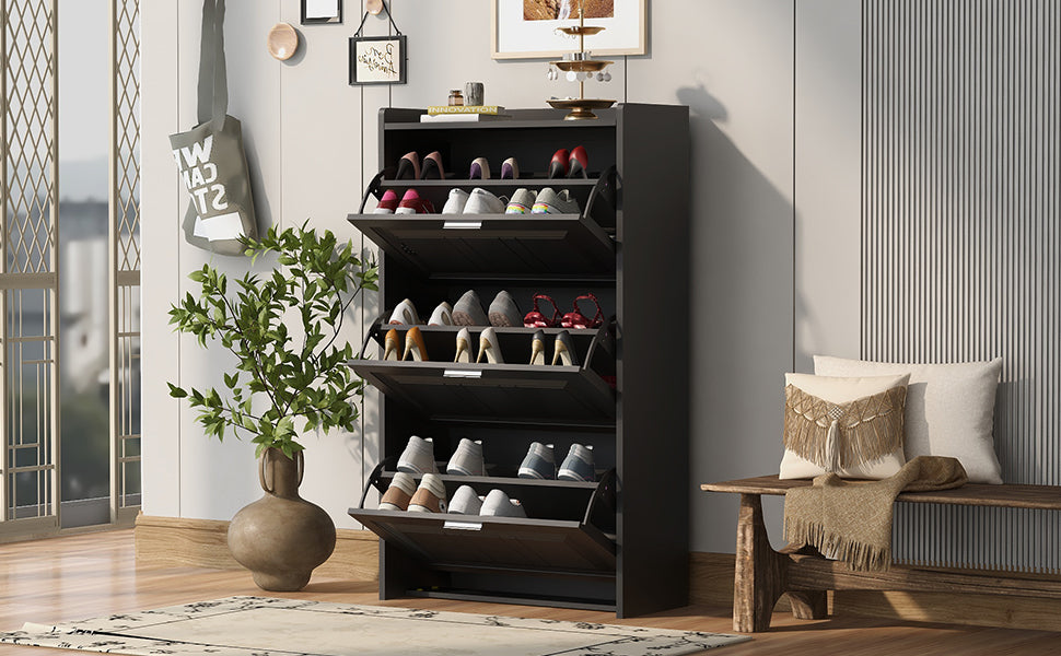 U-Can Black Shoe Storage Cabinet with 3 Flip Drawers