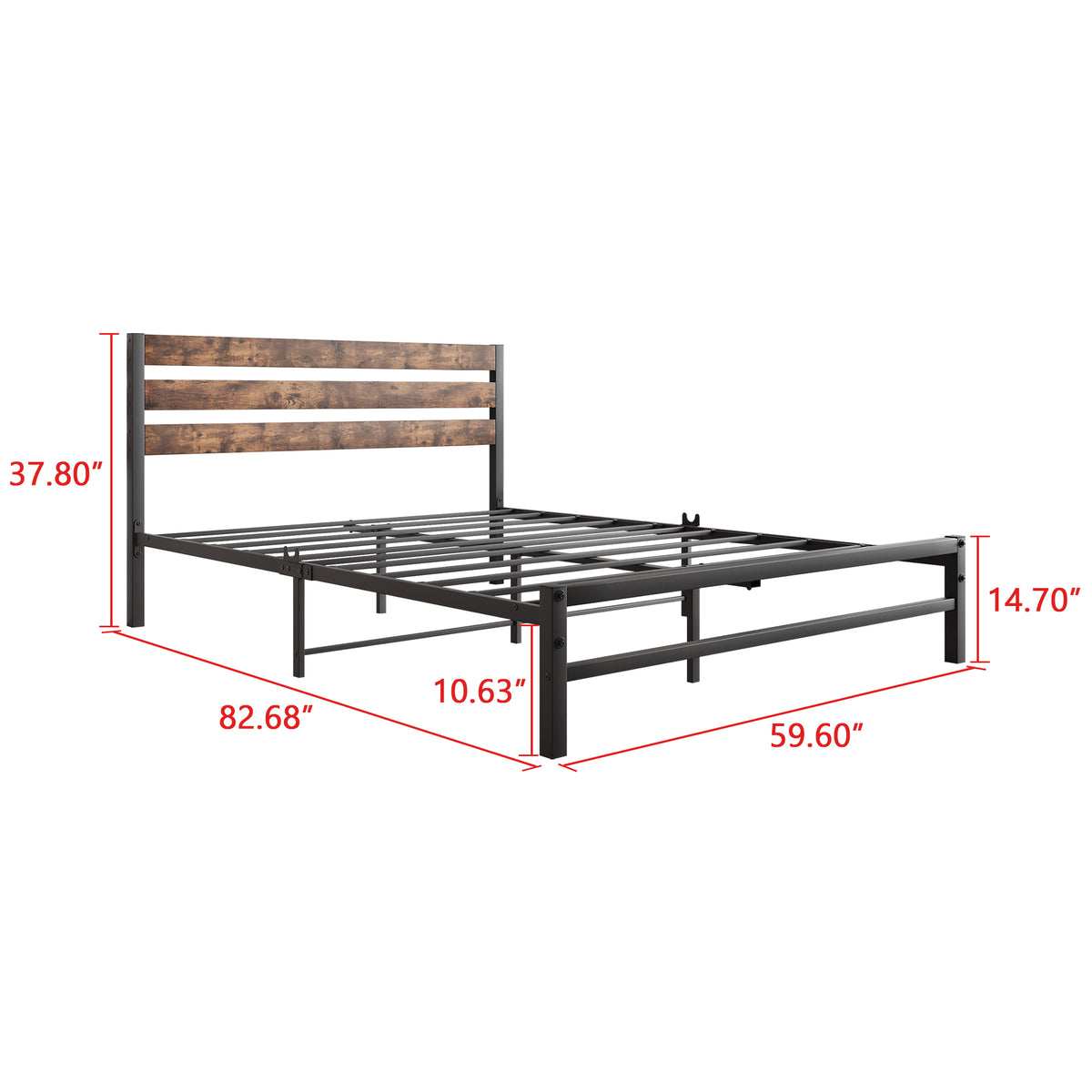 Queen Platform Bed with Rustic Wood Headboard Brown