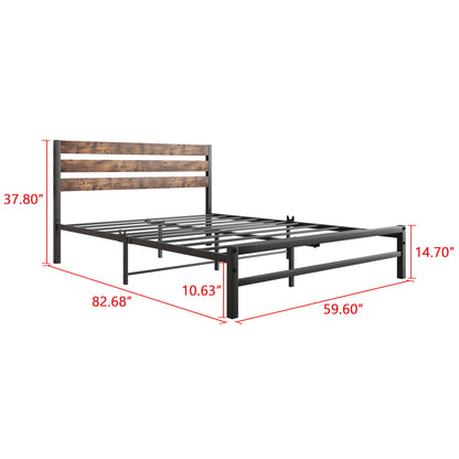 Queen Platform Bed with Rustic Wood Headboard Brown
