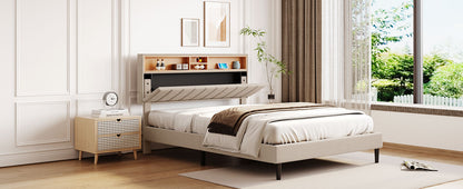 Queen Linen Platform Bed with Storage Beige