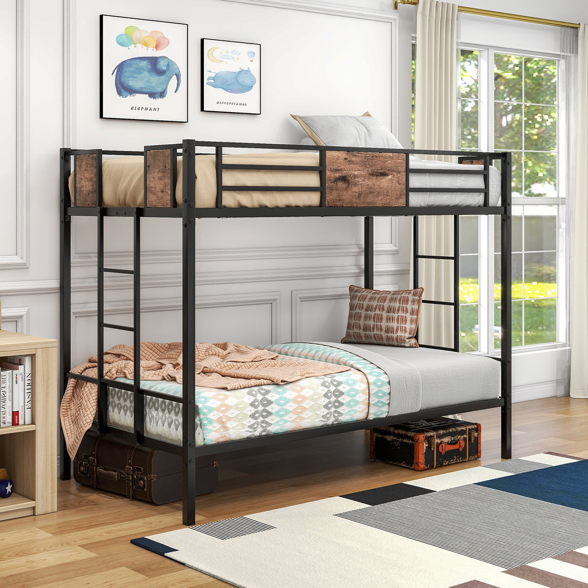 Metal Twin Bunk Bed with Ladder Black