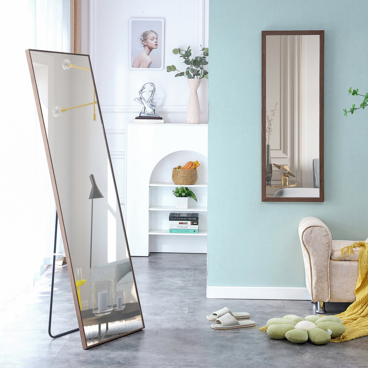Brown Full-Length Floor Mirror Solid Wood Frame