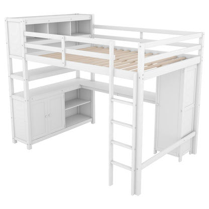 Wood Loft Bed with Bookshelf White