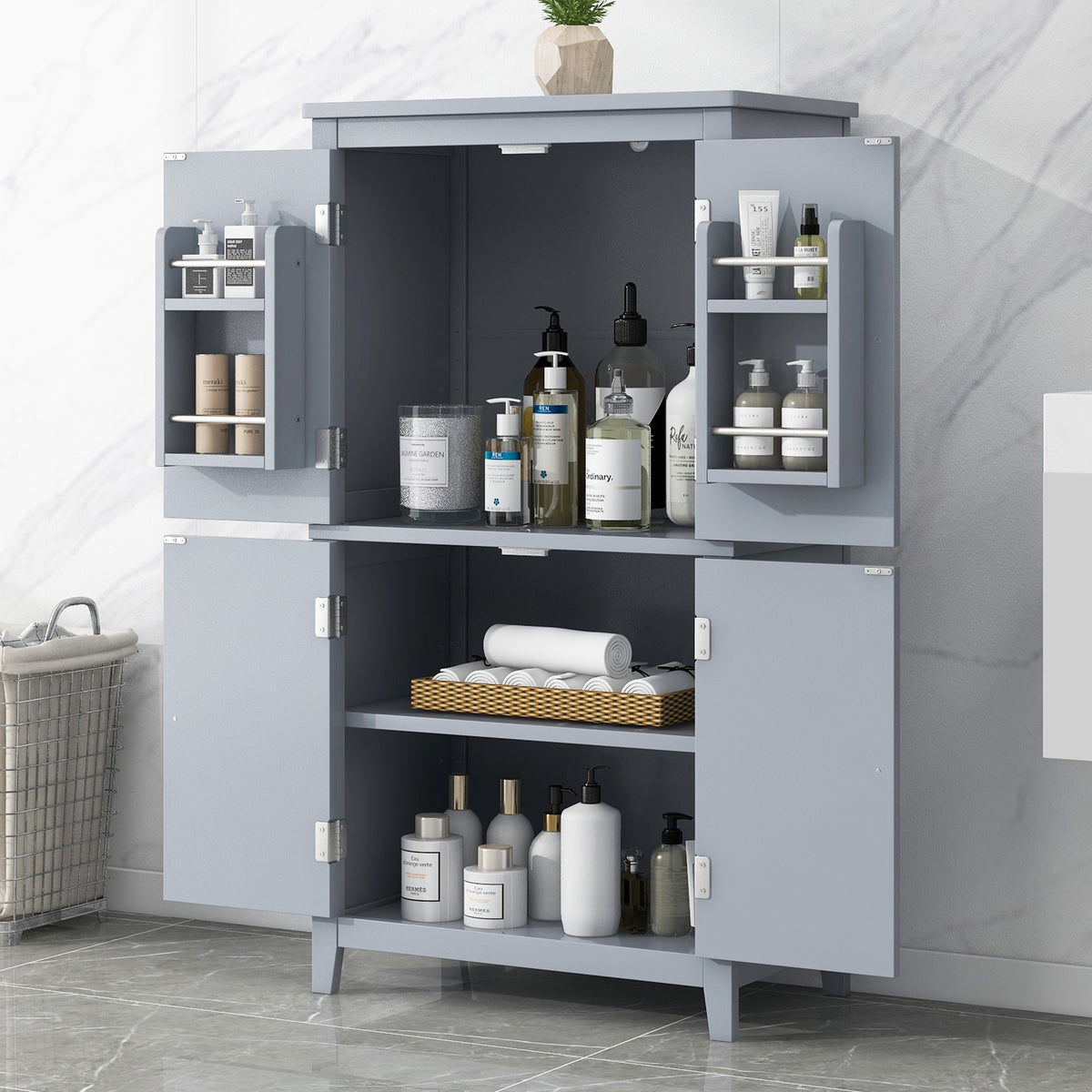 Gray Bathroom Floor Cabinet with Adjustable Shelves